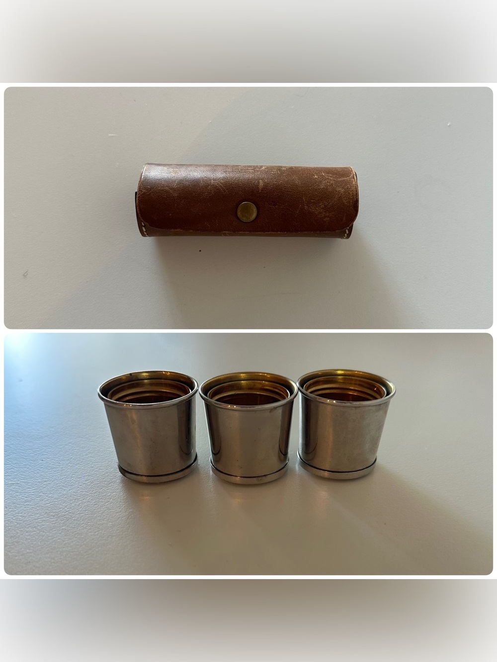 Vintage Mark Cross Leather Case Collapsible Shot Glass Silver Tone Set 3
Incre